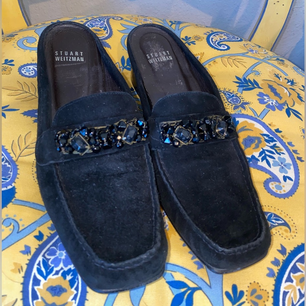 Stuart Weitzman‎ Bedrock Black Suede Loafers with Black Jewel Embellishments